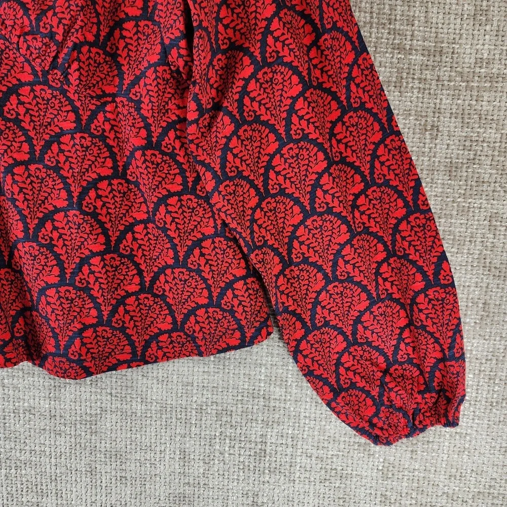 Boden 100% Cotton Peplum‎ Top Womens 8 Red Blue Floral Fans Long Sleeve EUC